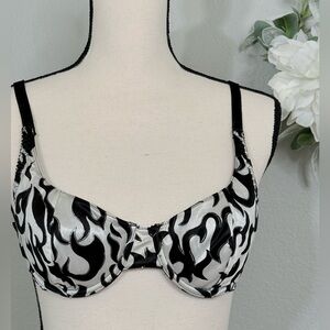 Planet Lingerie Y2K Satin Black White Silver Metallic Flame Bra, 36C